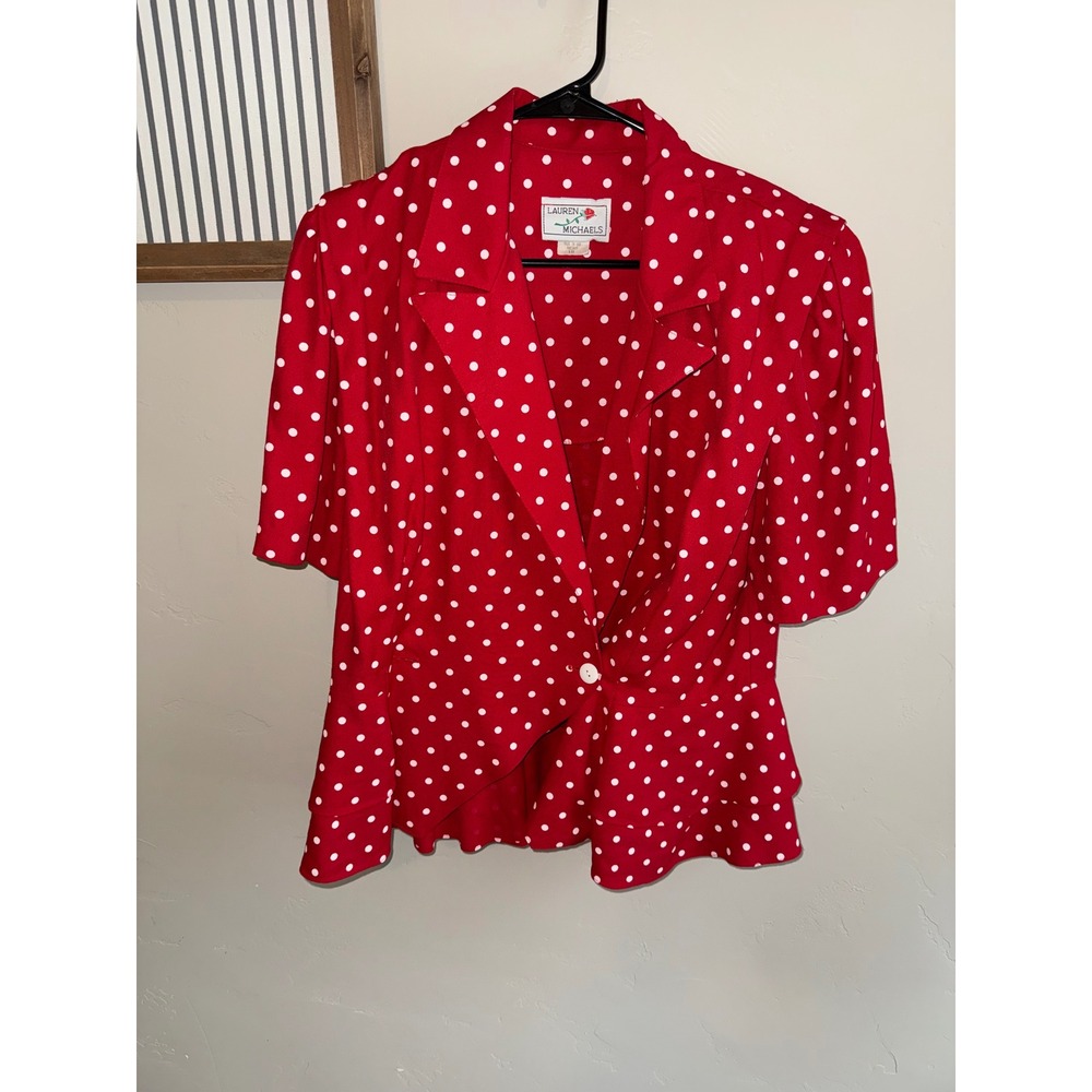 Lauren Michaels Vintage Red Polka Dot Short Sleeve Peplum Blazer Top Size 18